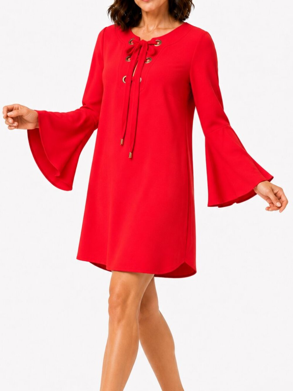TRINA TURK Orange Red Lace-Up Bell Sleeve Shift Dress Size 4